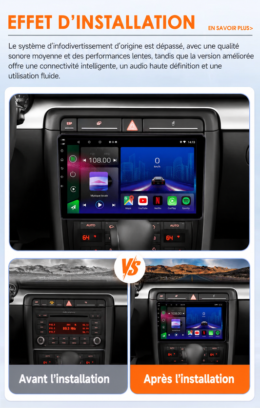 Head Unit Android 15 CarPlay Sans Fil pour Audi A4 S4 RS4 B6 B7 | Seat Exeo