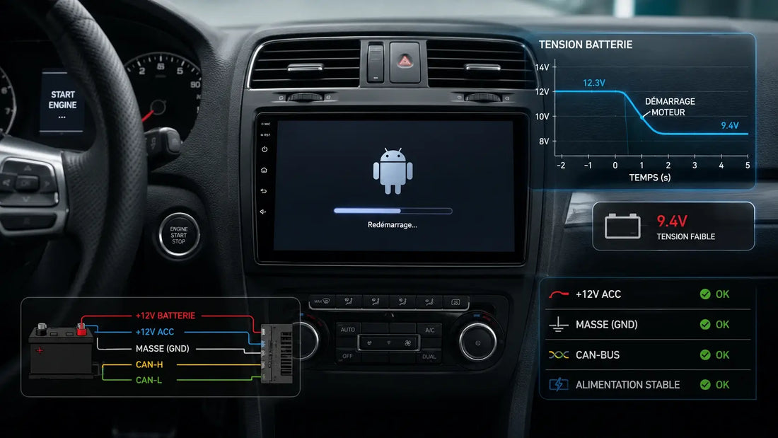 Fix Android car stereo reboots when starting engine. Diagnose voltage drops, weak battery, ground issues, ACC wiring, CAN-Bus, capacitors & firmware.