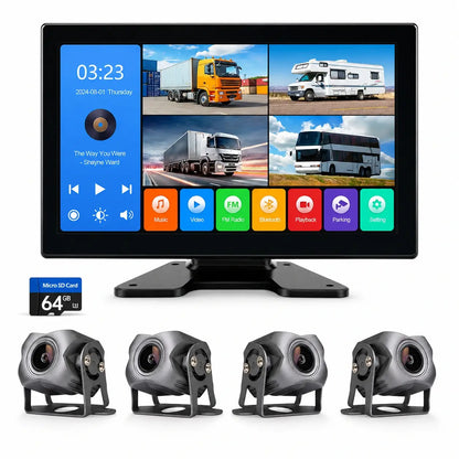 Kamera-Kit 4K 1080P 4 Kanäle mit Touchscreen 10.2" für LKW, Busse & Wohnwagen – 360°-Sicht, 5-Kanal-Aufnahme, Wasserdicht IP69, Bluetooth 5.0, Einfache Installation