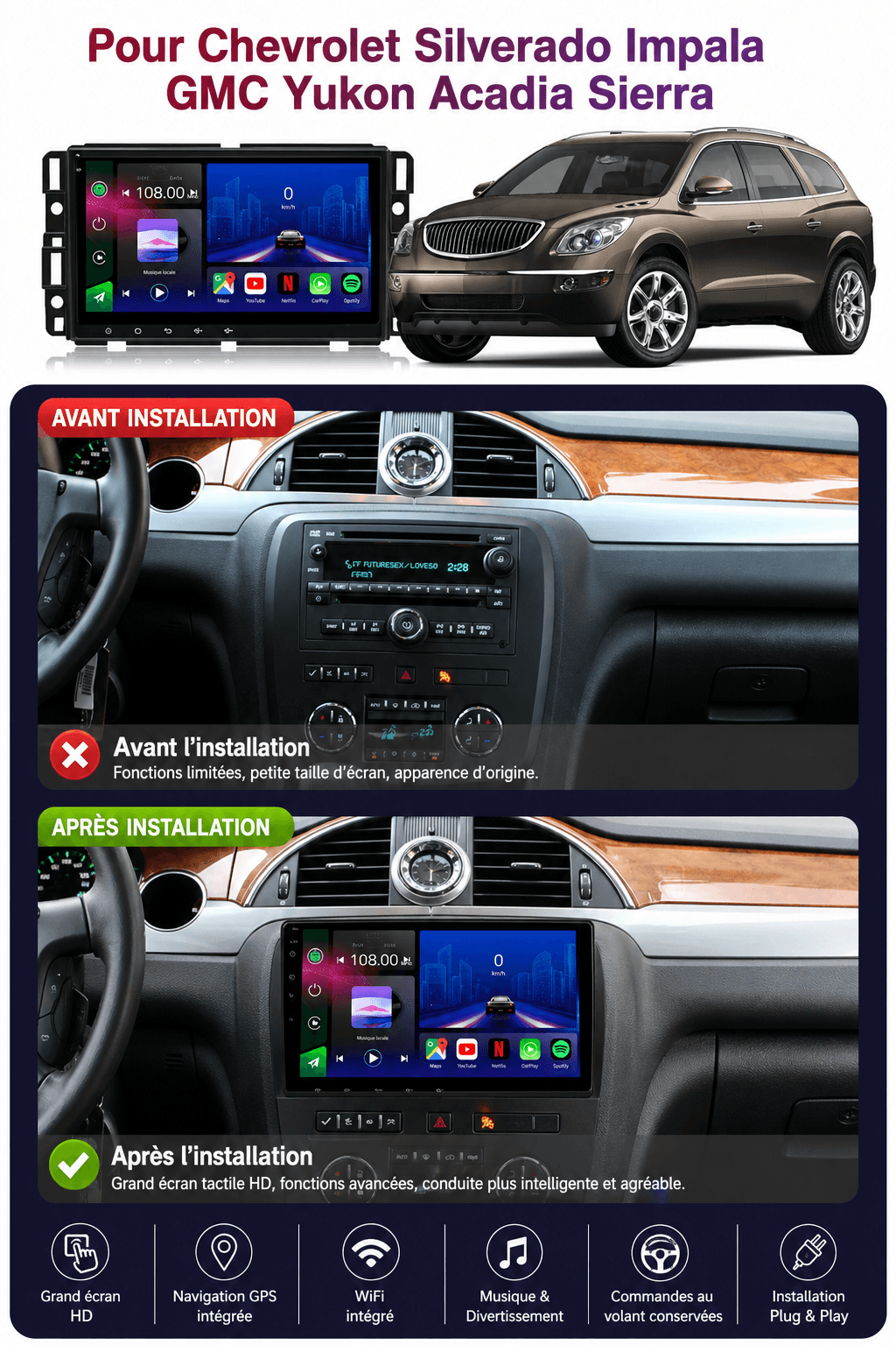 Head Unit Android 15 Chevrolet Silverado 4+64 Go : GPS, Carplay, Android Auto