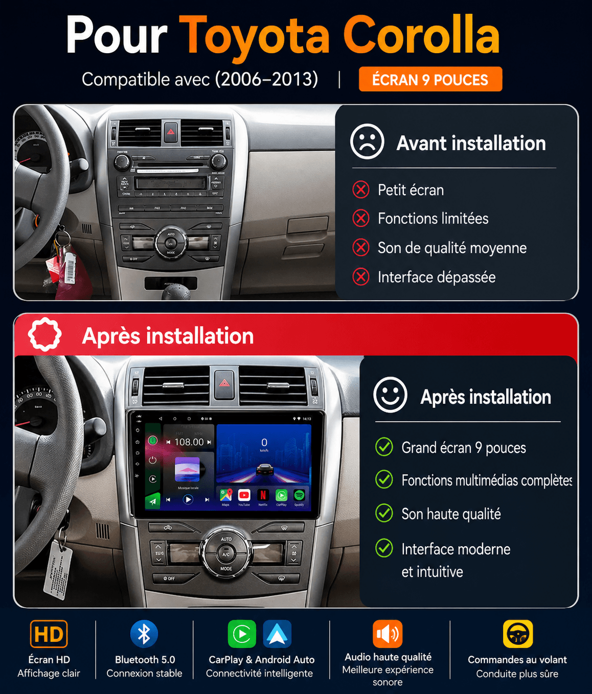 Toyota | Corolla | 2006-2013 | Android 15 Head Unit | Apple CarPlay | Android Auto