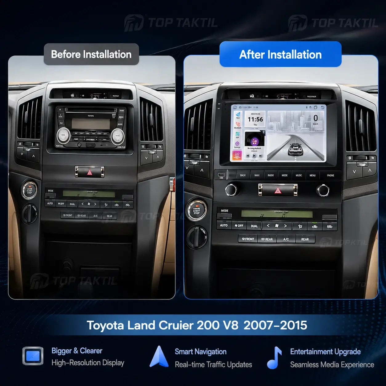 Toyota Land Cruiser 2008-2015 Android 15 Head Unit: IPS Touch, CarPlay, Android Auto, GPS, WiFi 5G, FM, SWC, AHD-Kamera