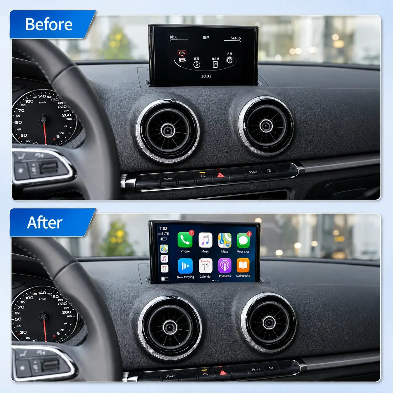 Kit voor draadloze CarPlay & Android Auto retrofit voor Audi A3/A5/S3 (2010–2018) – Navigatie, Muziek, Camera, Mirroring