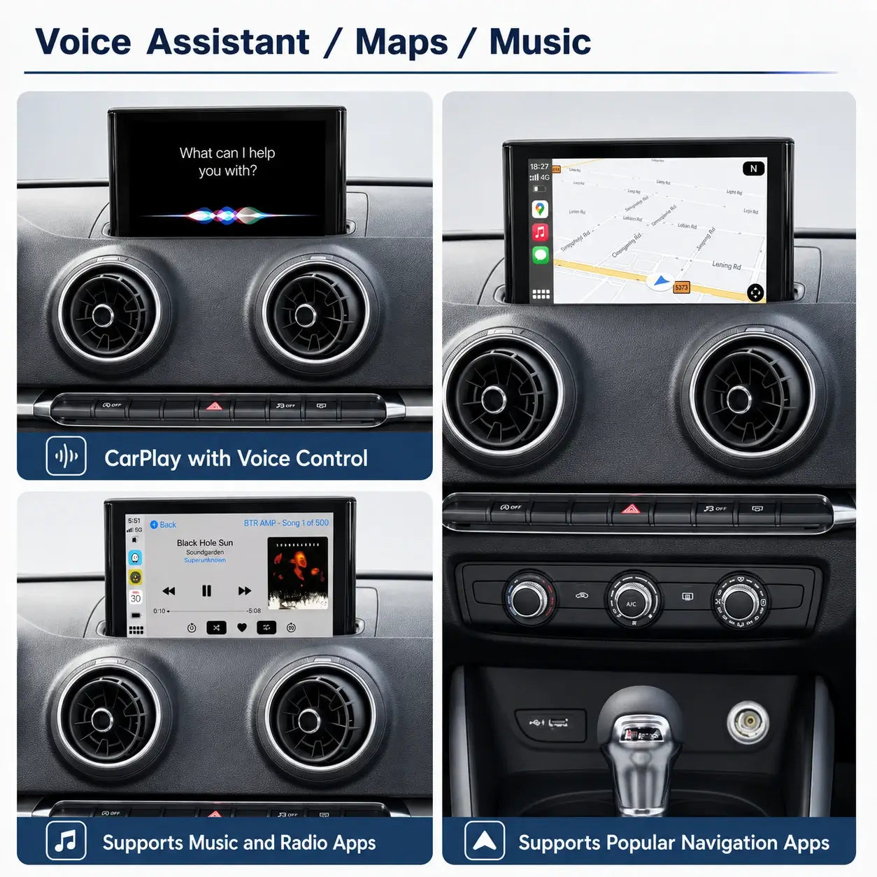 Kit voor draadloze CarPlay & Android Auto retrofit voor Audi A3/A5/S3 (2010–2018) – Navigatie, Muziek, Camera, Mirroring
