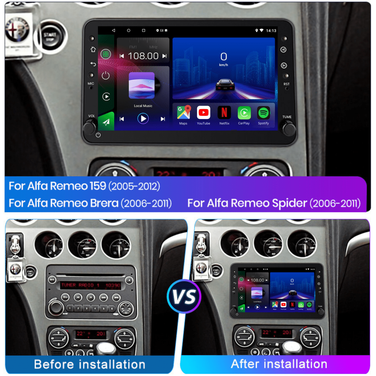 TOPTAKTILAlfa Romeo 159 | Brera | Spider | 2005 - 2012 | Android 15 autoradio | Apple CarPlay | Android Auto