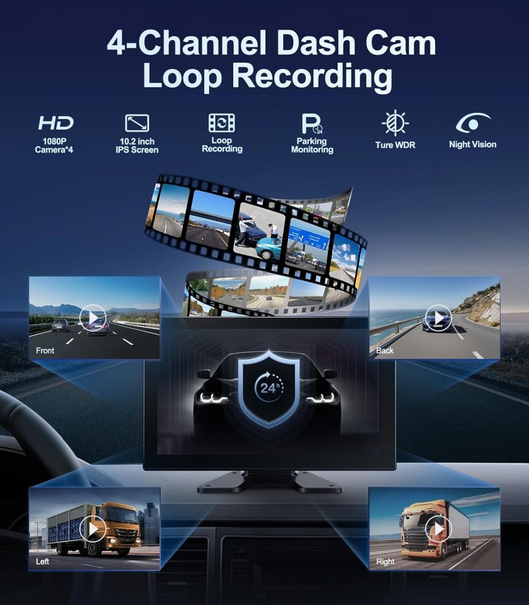 TOPTAKTILKit Caméras 4K 1080P 4 Canaux avec Écran Tactile 10.2" pour Camions, Bus & Caravanes – Vision 360°, Enregistrement 5 Canaux, Étanche IP69, Bluetooth 5.0, Installation FacileÀ domicile