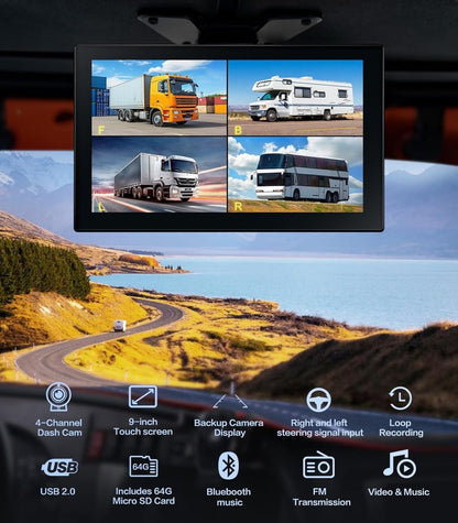 TOPTAKTILKit Caméras 4K 1080P 4 Canaux avec Écran Tactile 10.2" pour Camions, Bus & Caravanes – Vision 360°, Enregistrement 5 Canaux, Étanche IP69, Bluetooth 5.0, Installation FacileÀ domicile